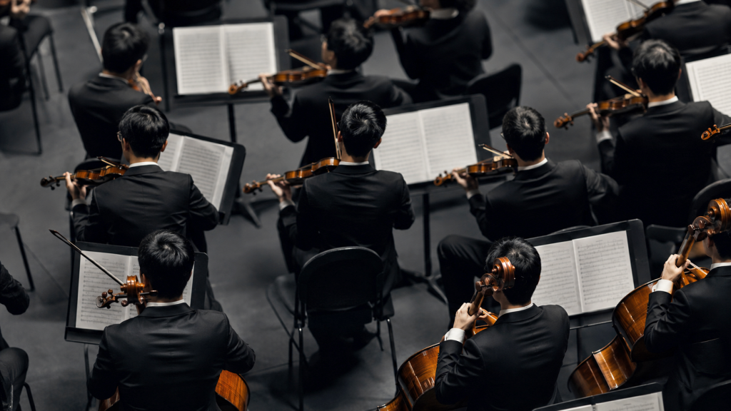 Geiger eines Orchesters von hinten